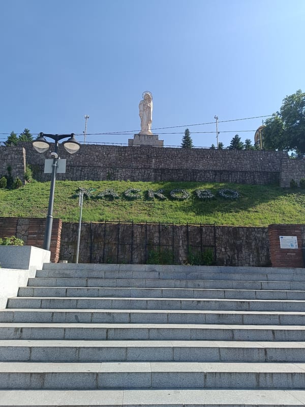 Stone stairway to statue monument documented by witness