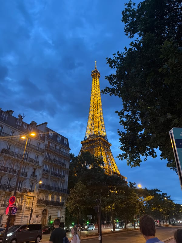 Eiffel Tower glowing at dusk, two angles