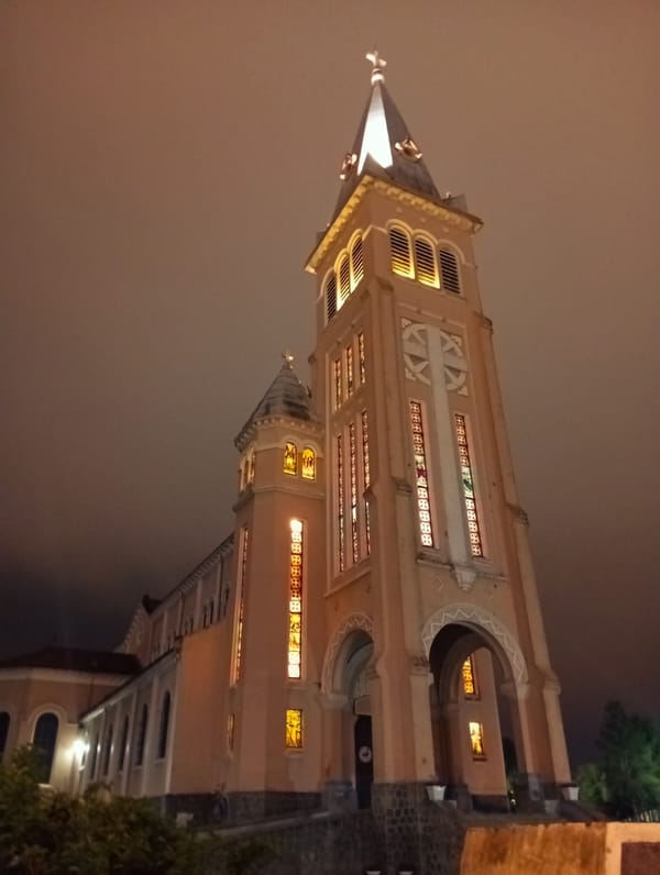 Da Lat Cathedral photographed illuminated at night in Vietnam
