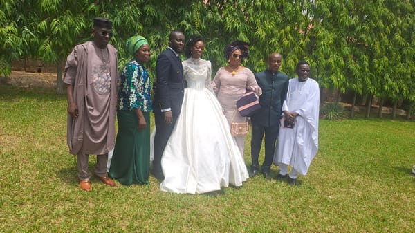 Wedding party photographed on lawn in Abuja, Nigeria