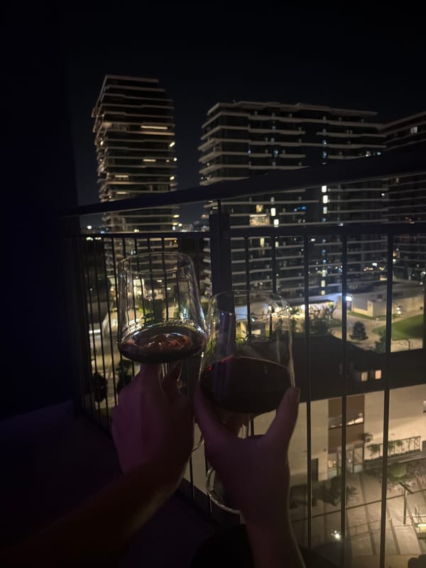 Late-night wine toast on a Belgrade balcony