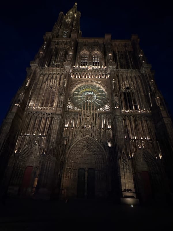 Nighttime gathering documented around illuminated Strasbourg Cathedral