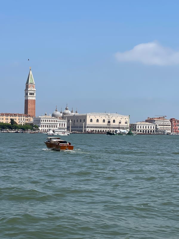 Boat cuts through choppy urban waterway with city skyline visible