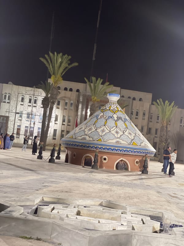 Traditional ceramic sculpture spotted in Safi, Morocco nighttime scene