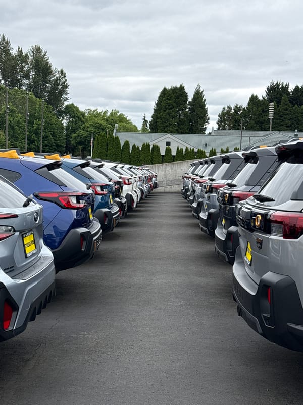 New Subaru Crosstreks lined up at Puyallup lot