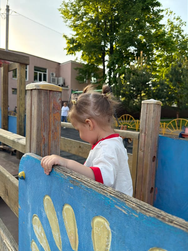 Toddler plays on playground equipment in Reshetnikovo, Russia