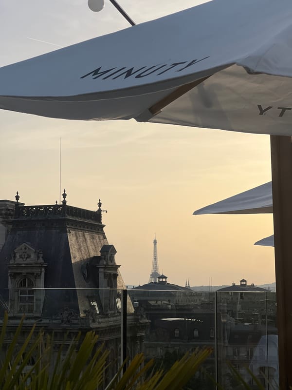 Rooftop view captures Eiffel Tower through hazy Paris evening