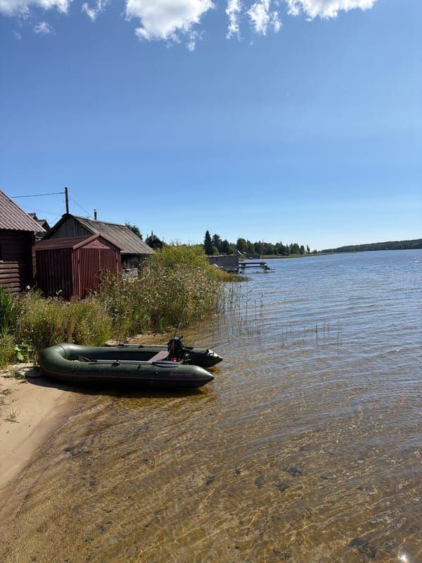 Quiet summer morning by a Russian lake — fishing, wildlife, and garden