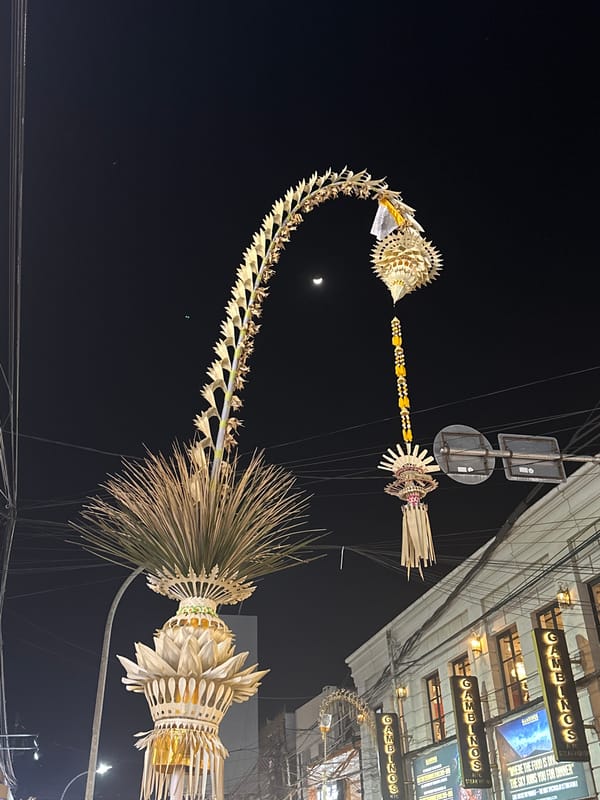 Kuta's busy tourist strip at night, culture and commerce side by side