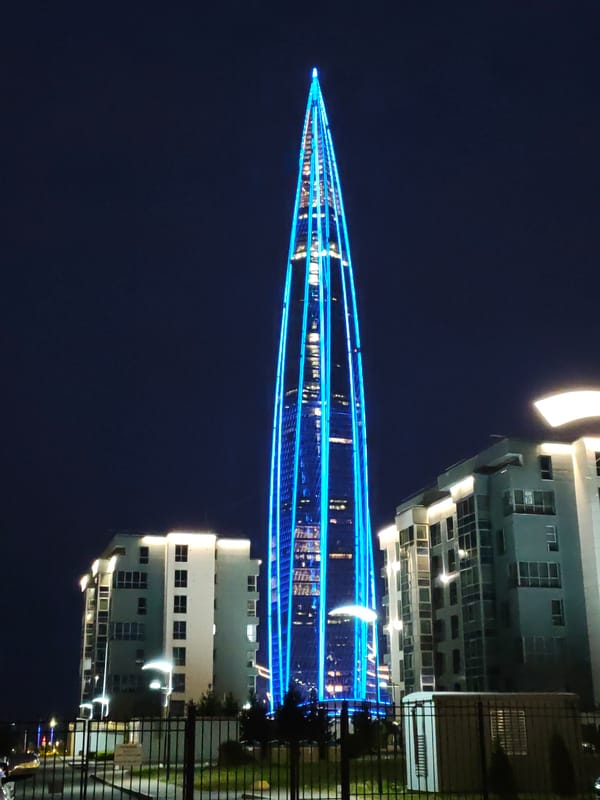 Lakhta Center lit up blue against the Saint Petersburg night