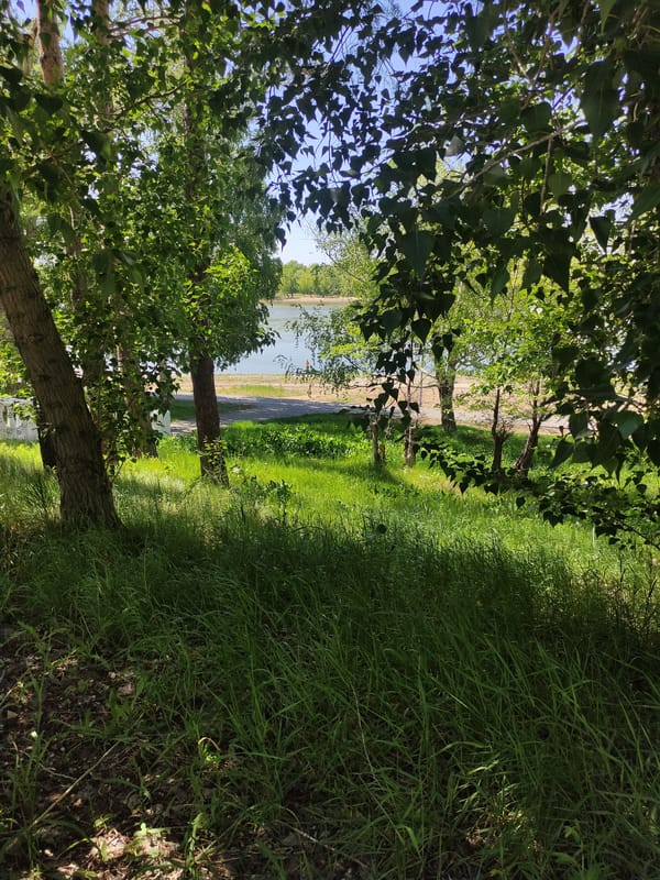 Morning park walk documented along waterfront in Pavlodar, Kazakhstan