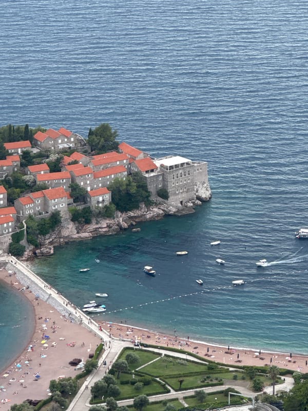 Sveti Stefan island and coastline, seen from above and ground