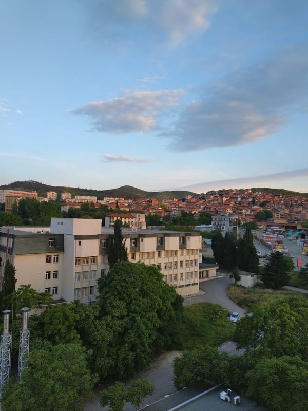 Sunset coffee break overlooking Stara Zagora cityscape documented
