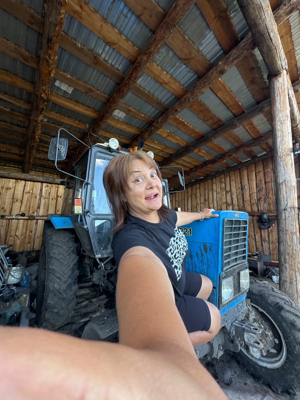 Afternoon at a rural farm: tractors, horses, and open fields