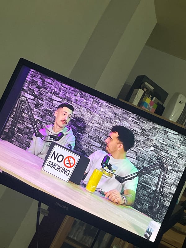Podcast recording displayed on monitor in Chirpan, Bulgaria
