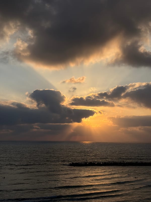 Tel Aviv sunset over the Mediterranean, surfers in the water