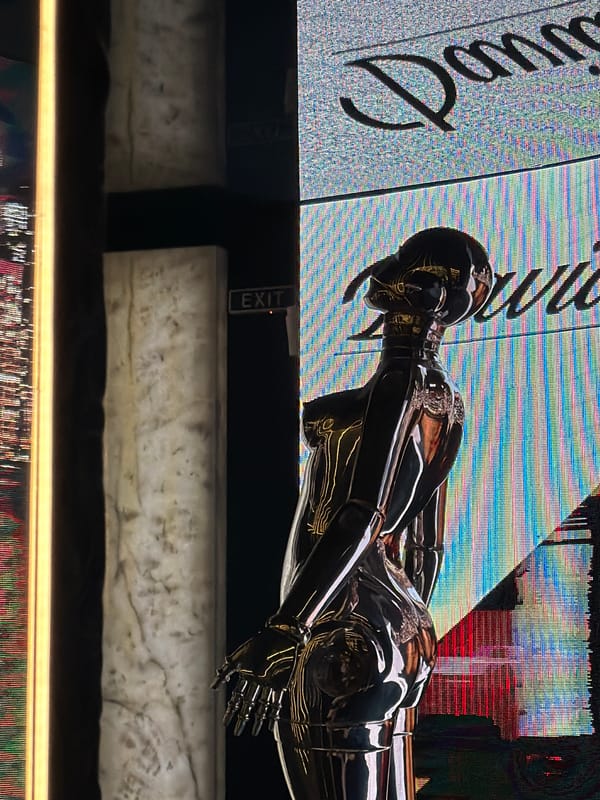 Metallic humanoid sculpture inside a Sofia nightclub