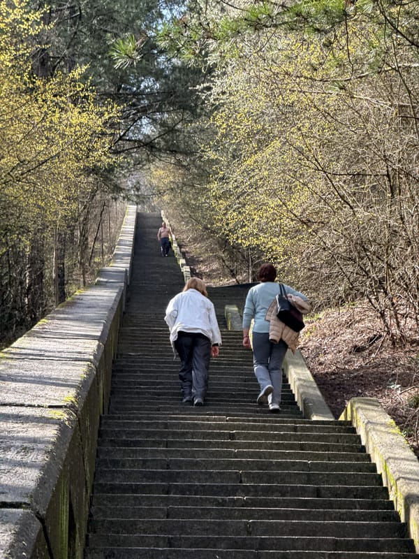 People walk stone staircase in Shumen park