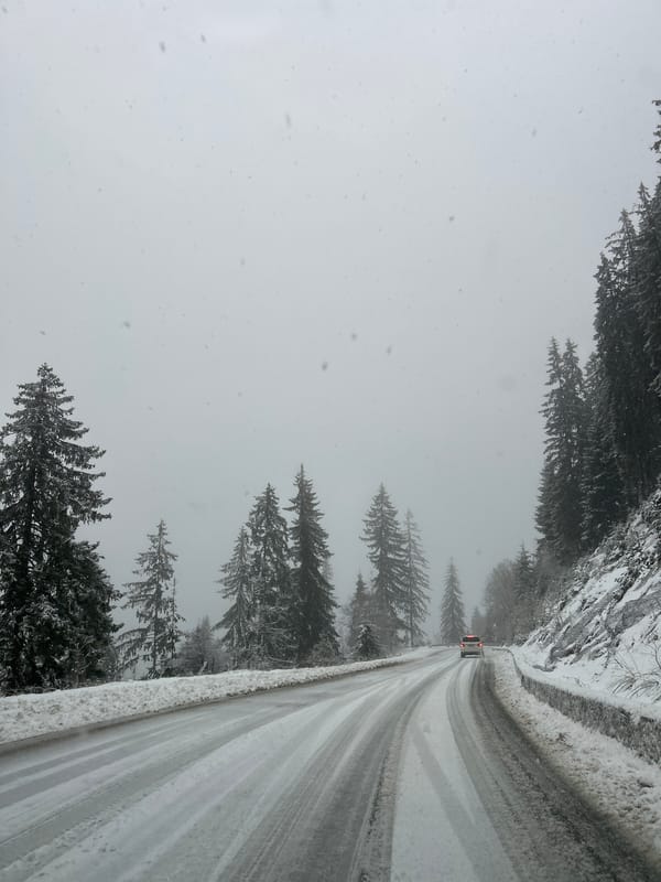 Snow-covered mountain road shows vehicle tracks in Bulgaria forest