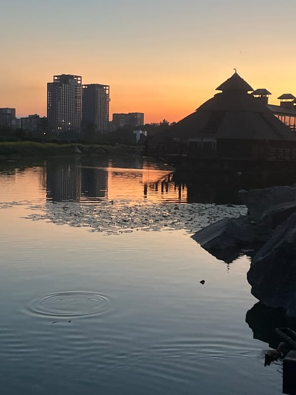 Dusk along a thatched-roof waterfront property in Dnipro