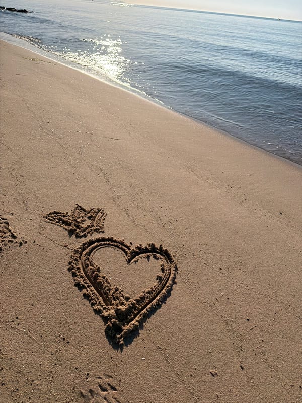 Morning beach moment: heart in sand, dog, Mediterranean waves