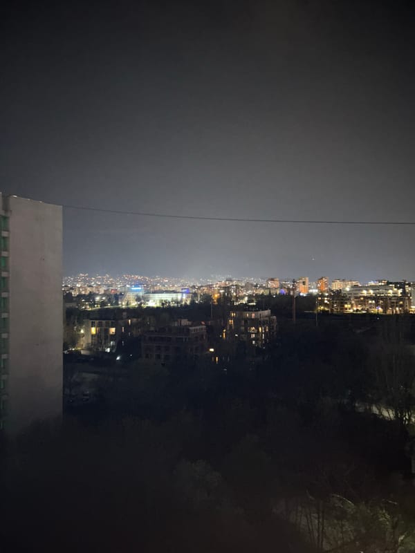 Nighttime cityscape captured from elevated view in Sofia, Bulgaria