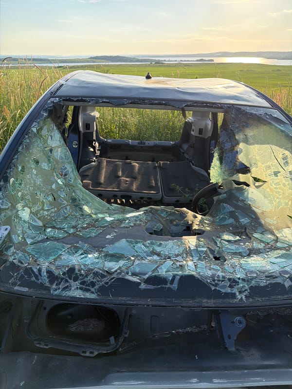 Damaged car wreck documented in field near Tvarditsa, Bulgaria