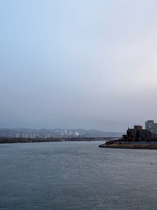 Yenisey River observed under overcast skies in Krasnoyarsk