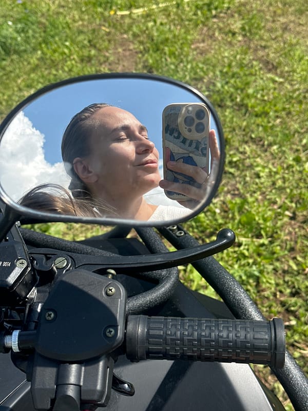 Roadside selfie in a motorcycle mirror, Ольховка