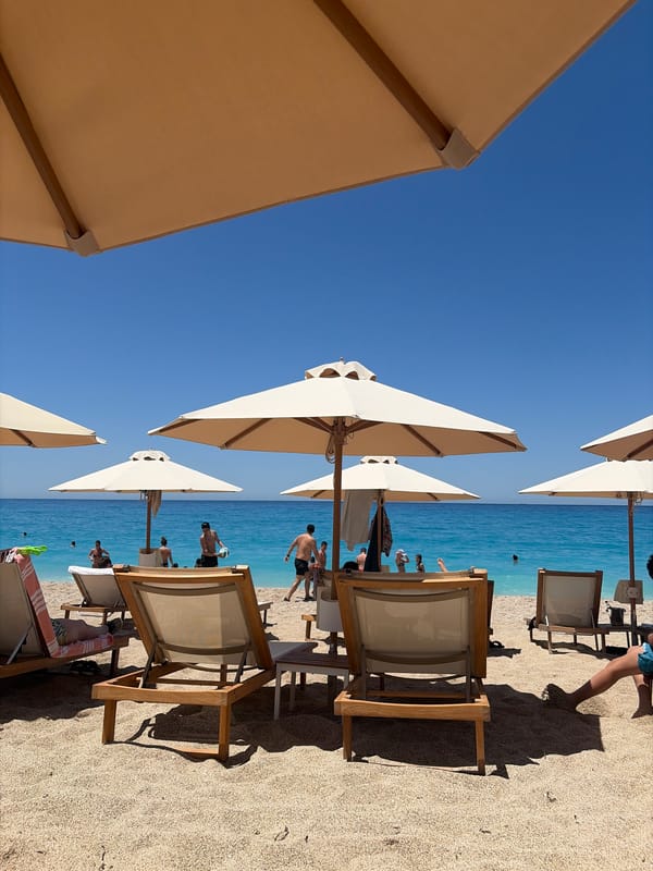 Crowded summer beach day on the Greek Ionian coast