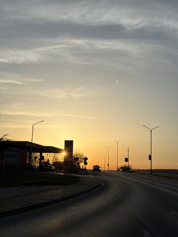 Sunset illuminates Shell station in Dobrich, Bulgaria