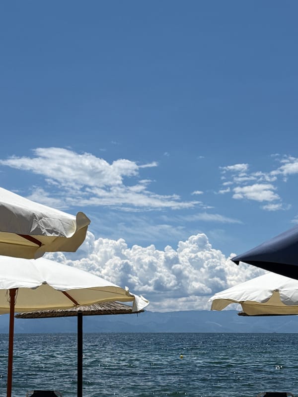 Beach umbrellas, big skies, and a dog napping on towels