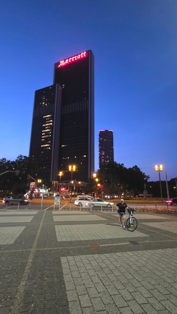 Frankfurt skyline at blue hour, towers and trams