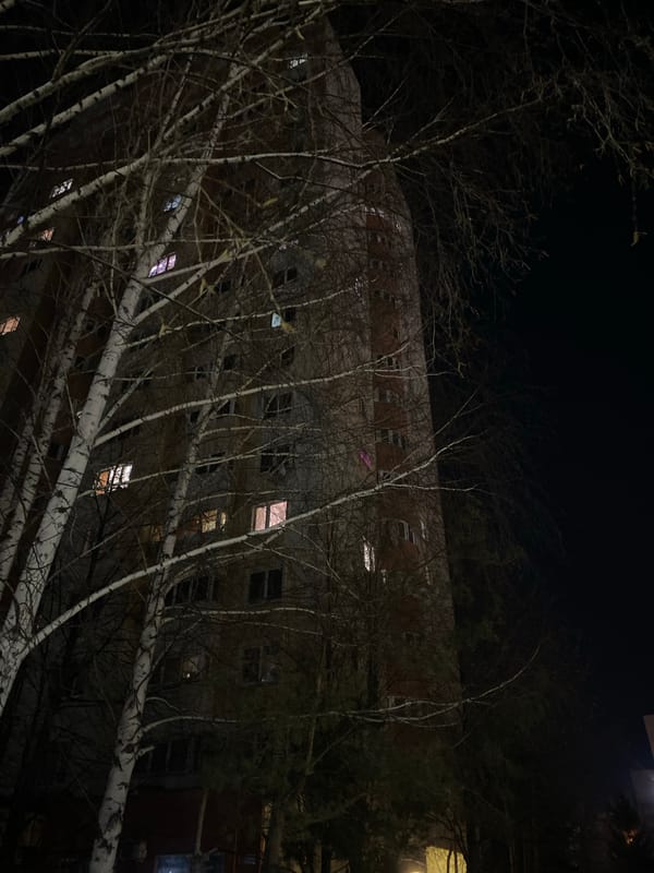 Illuminated apartment building observed through birch trees in Kazan