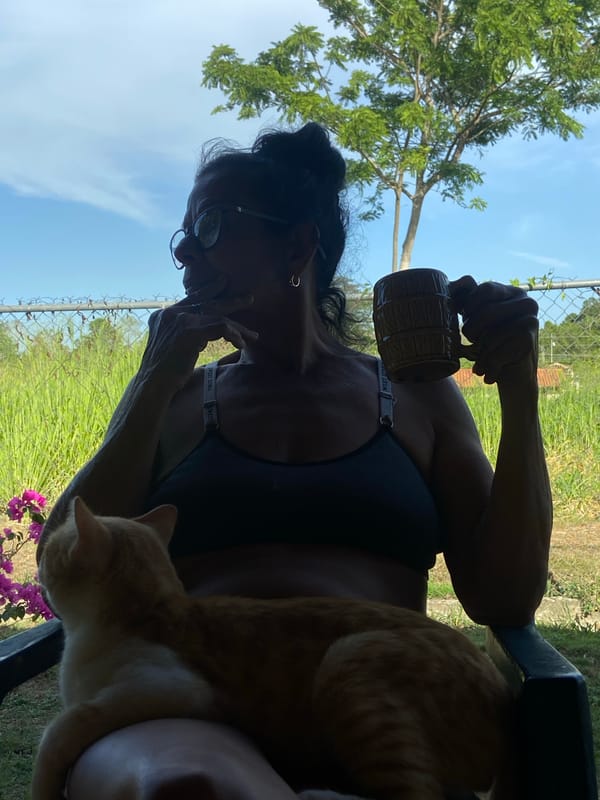 Woman with mug sits in garden with orange cat