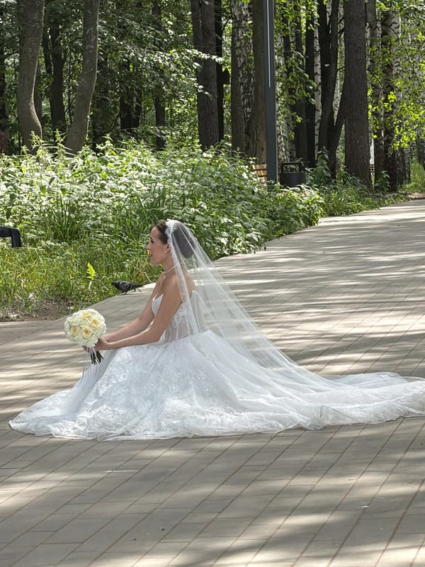 Wedding day portraits in a Chaikovsky park, summer morning