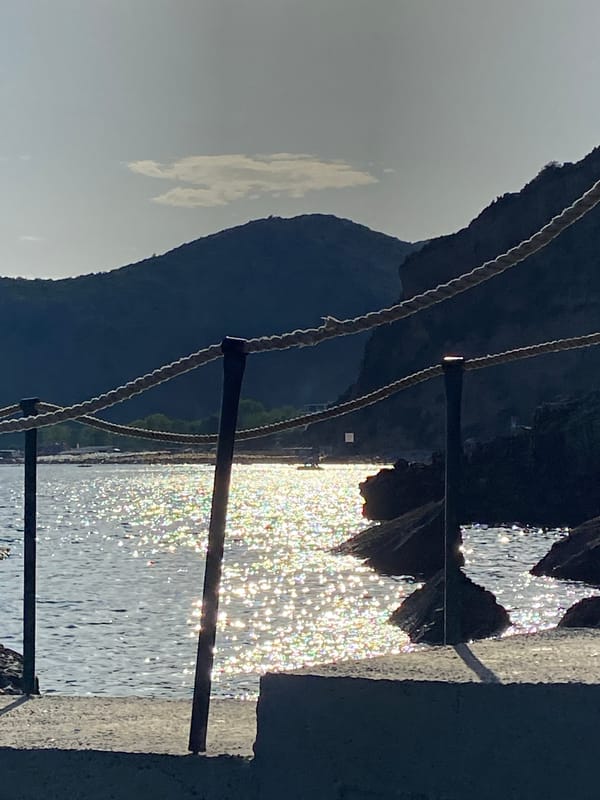 Sunlit Adriatic shoreline from a concrete pier in Montenegro