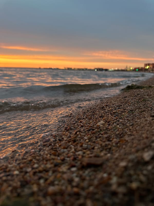 Sunset at the Kokshetau waterfront, shoreline and ropes course
