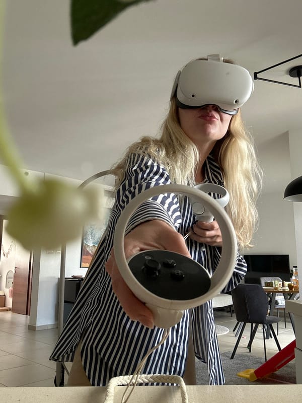 Woman uses VR headset in Petah Tikva home setting