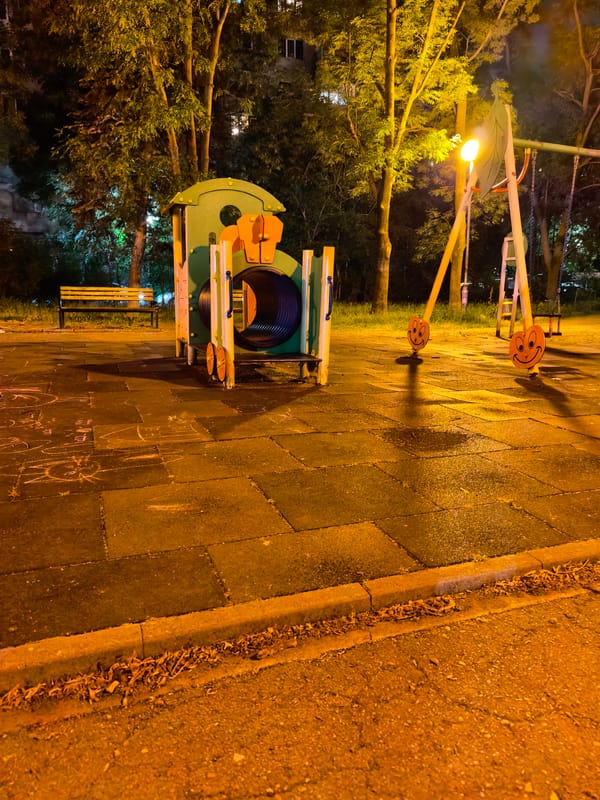 Night view of train playground structure in Sofia