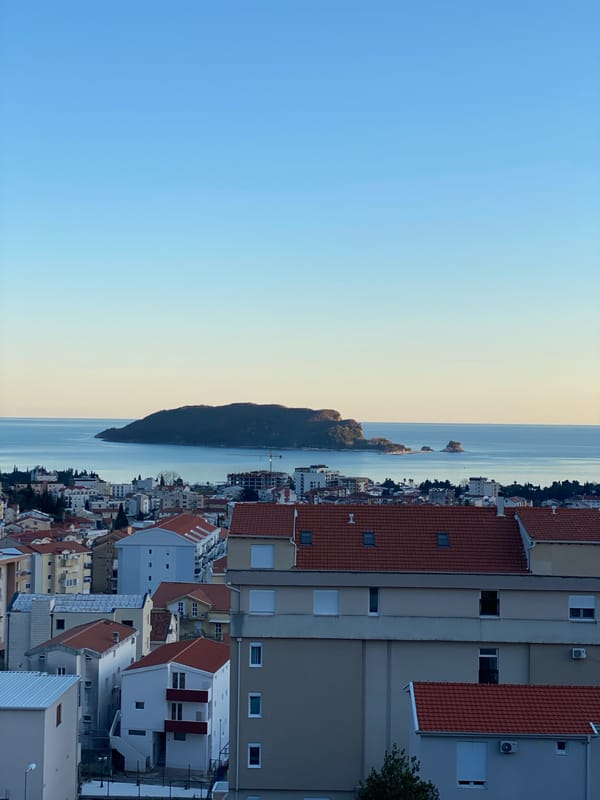 Elevated sunset views captured over Budva, Montenegro coastline