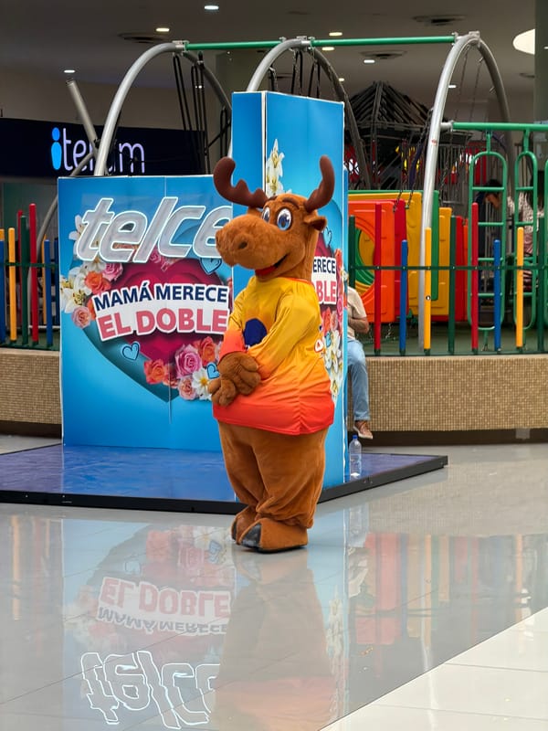 Moose-costumed figure spotted by Telcel ad in Cholula
