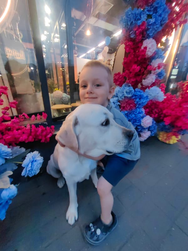 Boy and dog explore flower-decorated storefront in Mytishchi