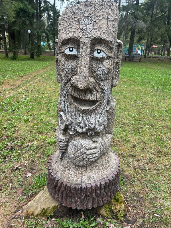 Wooden sculptures, eagle statue observed at Russian sanatorium