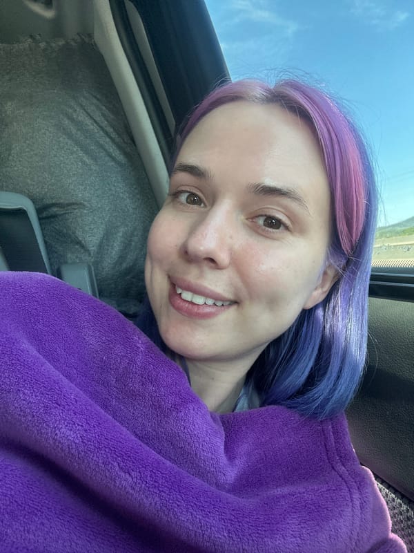 Person with purple hair photographed in car near Pourrières