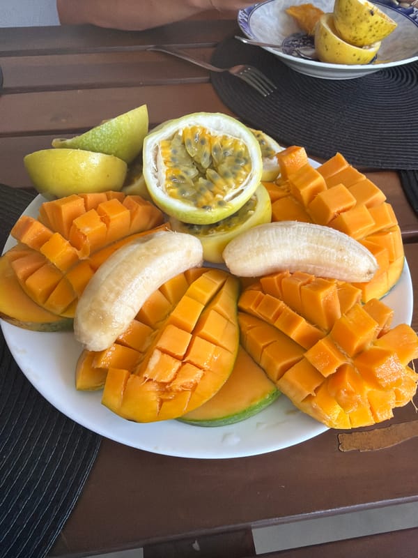 Morning leisure scene with tropical fruits and poolside reading