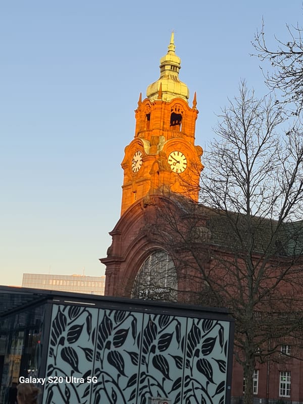 Evening sunlight illuminates Wiesbaden's Marktkirche in Germany