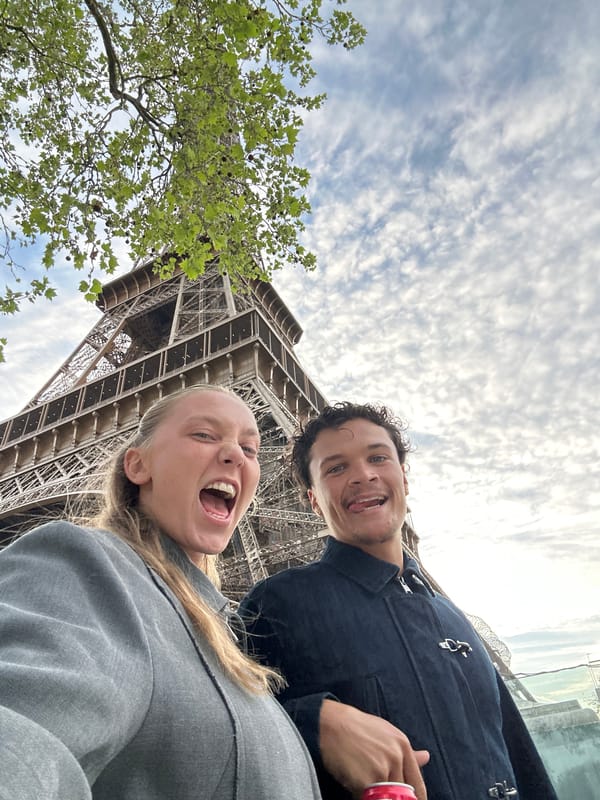 Tourist photographs Eiffel Tower under cloudy Paris skies