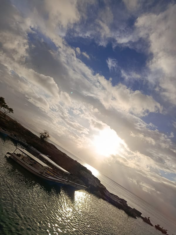 Sunset at Juan Griego's rocky bay, pelicans and fishing boats