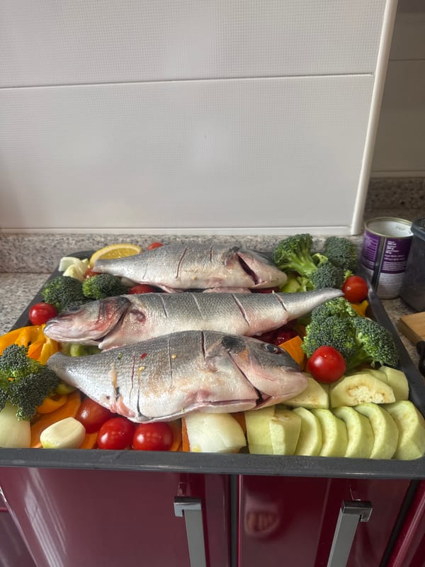 Fish and vegetable meal prepared in Tbilisi kitchen